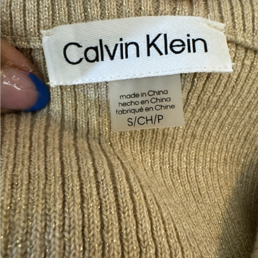 Calvin Klein Ribbed Knit Midi Dress Beige Logo Side Panels Bodycon Short Sleeve - Picture 7 of 10